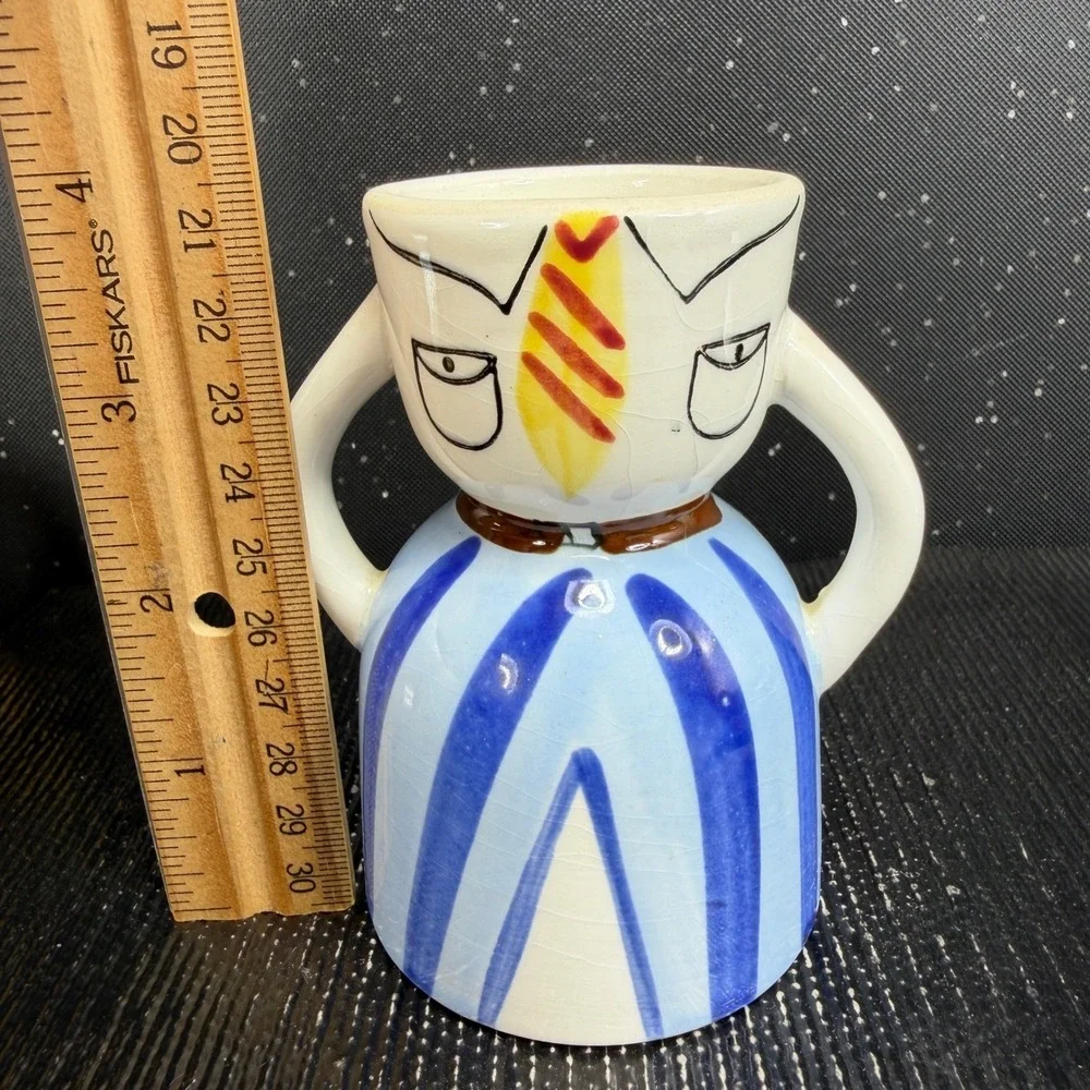 1950s Napco Whimsical Man in Suit Ceramic Egg Cup Holder Blue Striped Tie